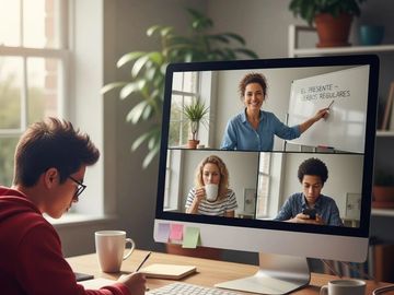 Student attending an online class with a teacher on screen.
