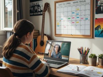 A girl attends an online class at her study desk with a laptop and study materials.