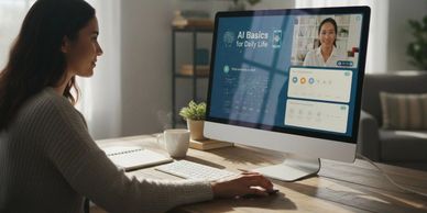 Woman attending an online AI Basics class on her desktop computer at home.