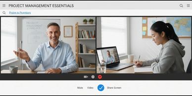 A man teaches project management online while a woman takes notes.