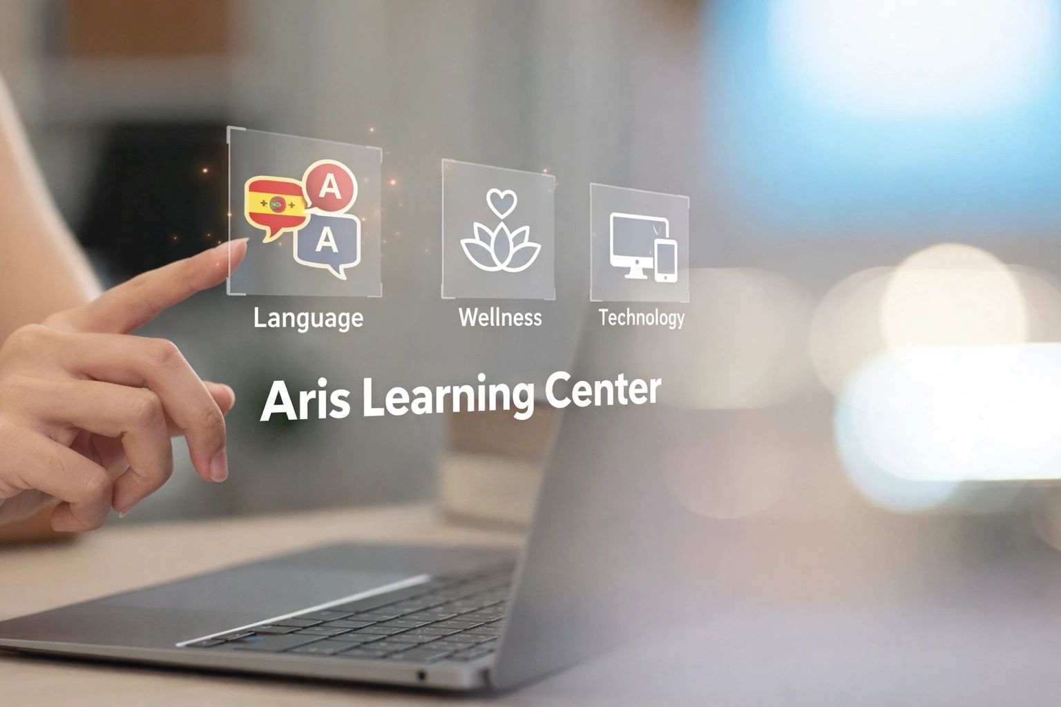 Hand interacting with digital icons for language, wellness, and technology at Aris Learning Center.