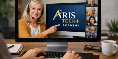 Woman leading an online class for Aris Tech+ Academy on a laptop.