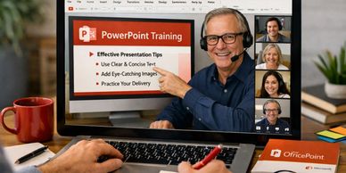 Online PowerPoint training session with instructor and participants on screen.