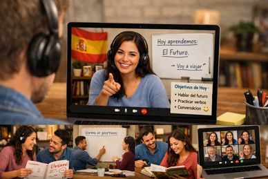 Online Spanish class focused on learning the future tense with interactive group practice.