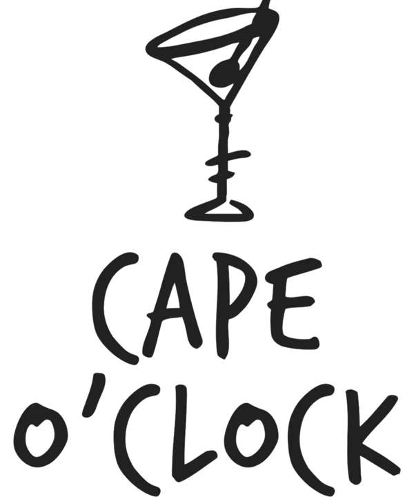 Stylized martini glass above hand-drawn text 'CAPE o'CLOCK'.