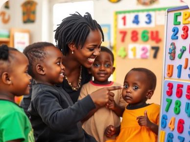Teacher engaging young children with colorful educational magnets on a board.
