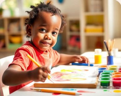 A young child painting with watercolors at a table indoors.