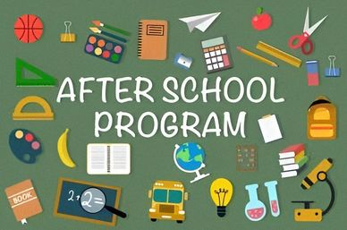 Colorful school supplies surrounding 'After School Program' text on green background.