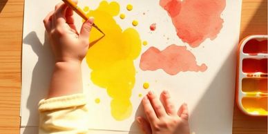 A child painting with yellow and red watercolors on paper.