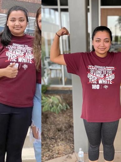 Before and after fitness transformation of a woman in a maroon shirt flexing her muscles.