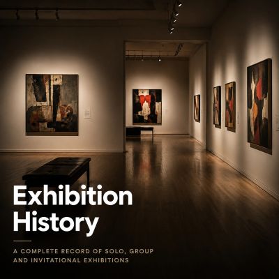 Gallery space showcasing abstract art with warm lighting and wooden floors.