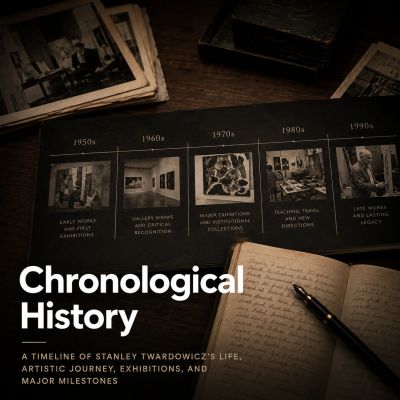 A timeline showcasing Stanley Twardowicz's artistic journey through decades.