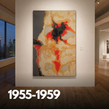 Abstract painting with fiery red, black, and beige colors displayed in a gallery.