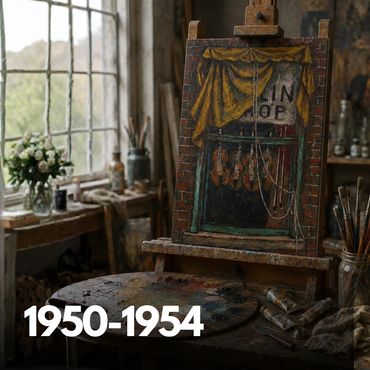Vintage artist's studio with a painting on an easel and tools scattered around.