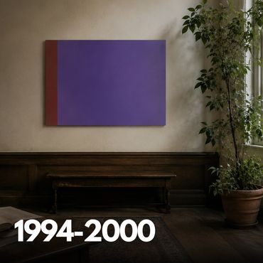 Minimalist room with a purple and brown canvas, wooden bench, and potted plant.