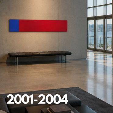 Modern interior with abstract wall art and bench.