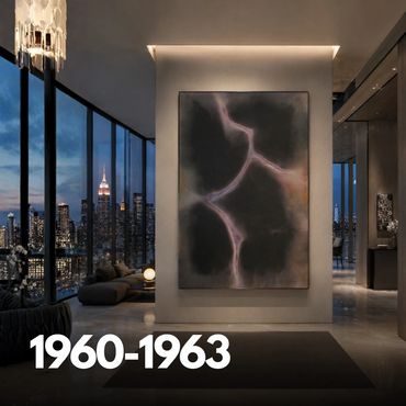 Modern living room with city skyline at night and abstract art.