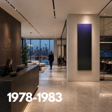 Modern corporate office lobby with city view and reception desk.