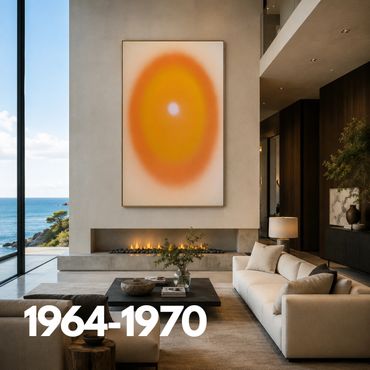 Modern living room with ocean view and abstract orange artwork.