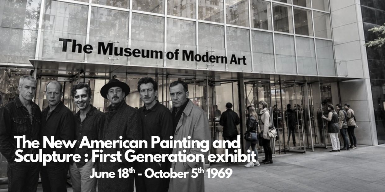 Group of men standing outside The Museum of Modern Art during a 1969 art exhibit.