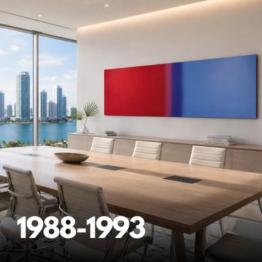Modern conference room with city view and abstract art.