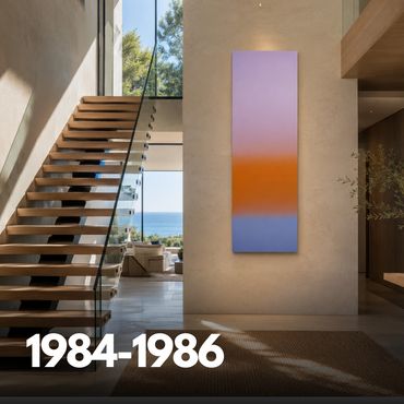 Modern interior with a wooden staircase and colorful gradient artwork from 1984-1986.