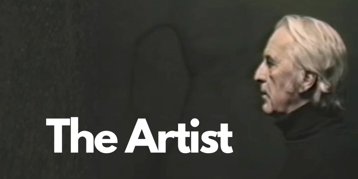 Profile of an elderly man titled 'The Artist' against a dark background.