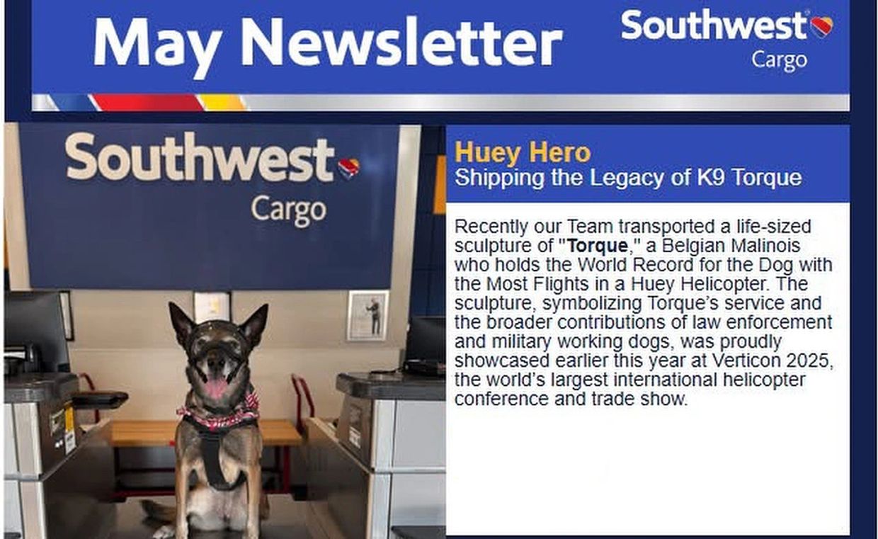 Life-sized sculpture of Torque, the record-holding K9, showcased by Southwest Cargo.
