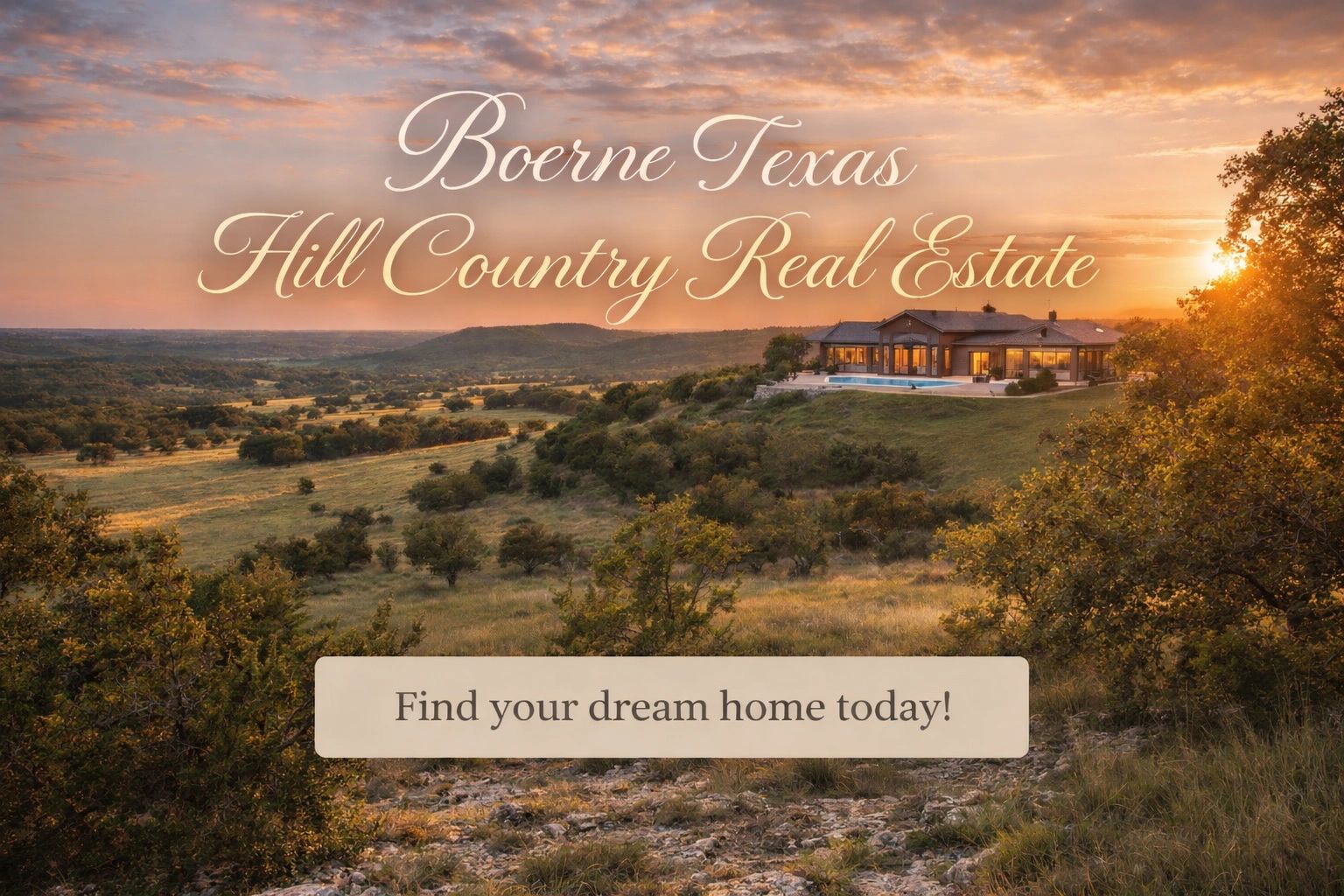 Luxury modern home in Boerne Texas Hill Country with sunset views and pool.

