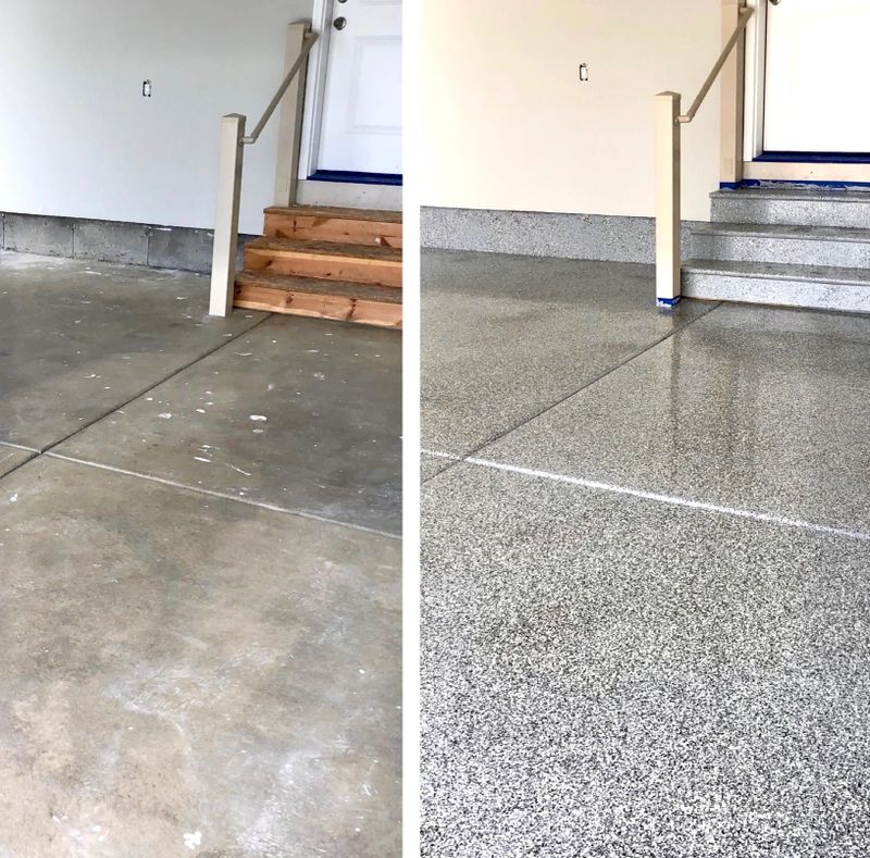 Before and after epoxy garage floor coating with flake finish in Utah County