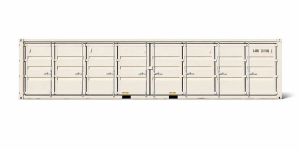 A long beige storage container with multiple doors and locks.
