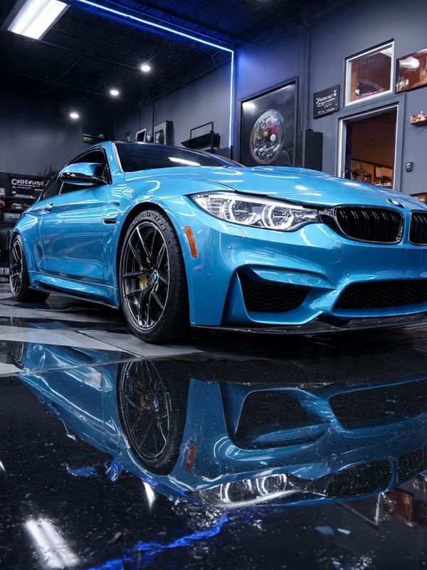 Blue BMW sports car with glossy reflection on showroom floor.