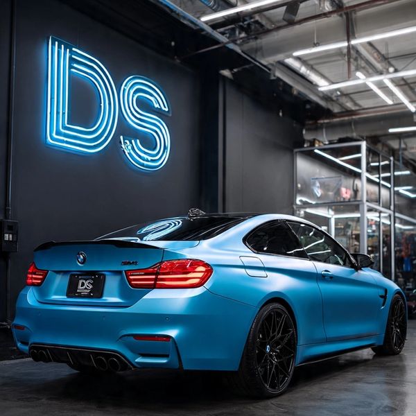 Matte blue BMW M4 parked indoors with neon DS sign above.