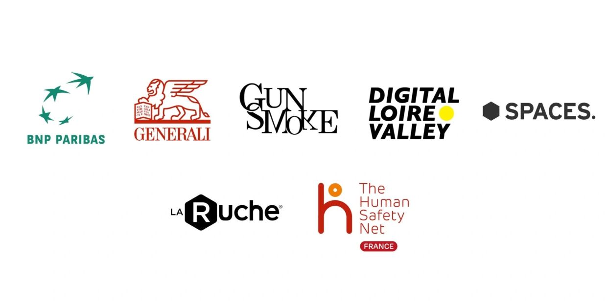 Logos of various companies including BNP Paribas, Generali, Gun Smoke, Digital Loire Valley, SPACES, La Ruche, and The Human Safety Net France.