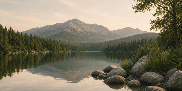A serene mountain lake at sunset with rocks and trees.