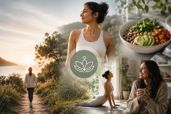 Collage of wellness: yoga, healthy eating, nature walk, and peaceful moments.