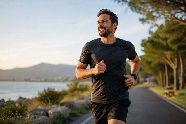 Man jogging outdoors near water during sunset.