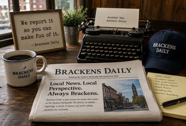 Brackens Daily newspaper and merchandise on a wooden table.