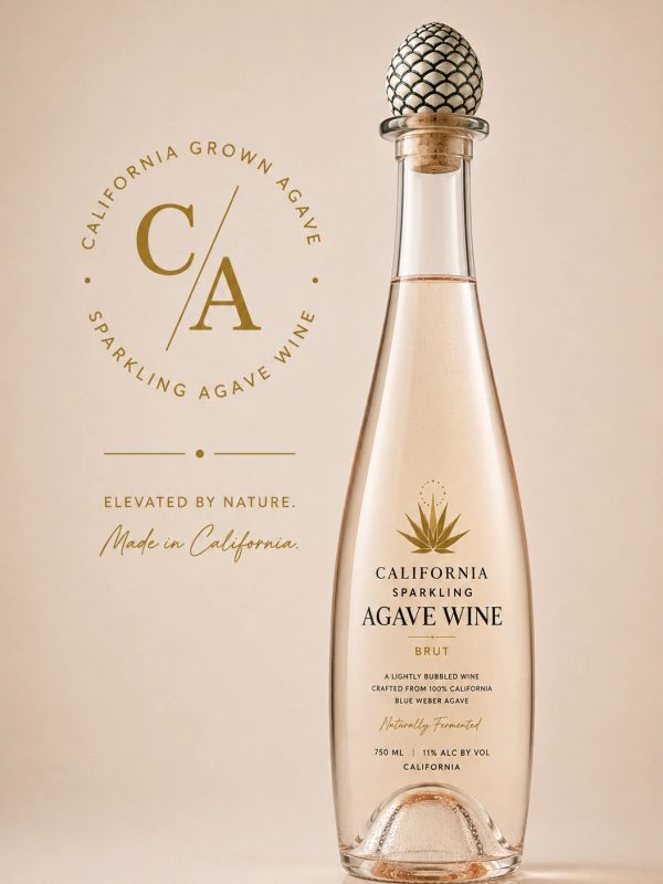 Elegant bottle of California Sparkling Agave Wine with decorative cap.