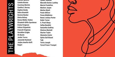 Poster listing playwrights for a show titled 'The Playwrights' with artistic red and black face line art.