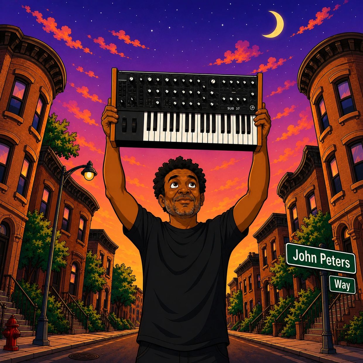 Man holding a synthesizer against a vibrant sunset cityscape.