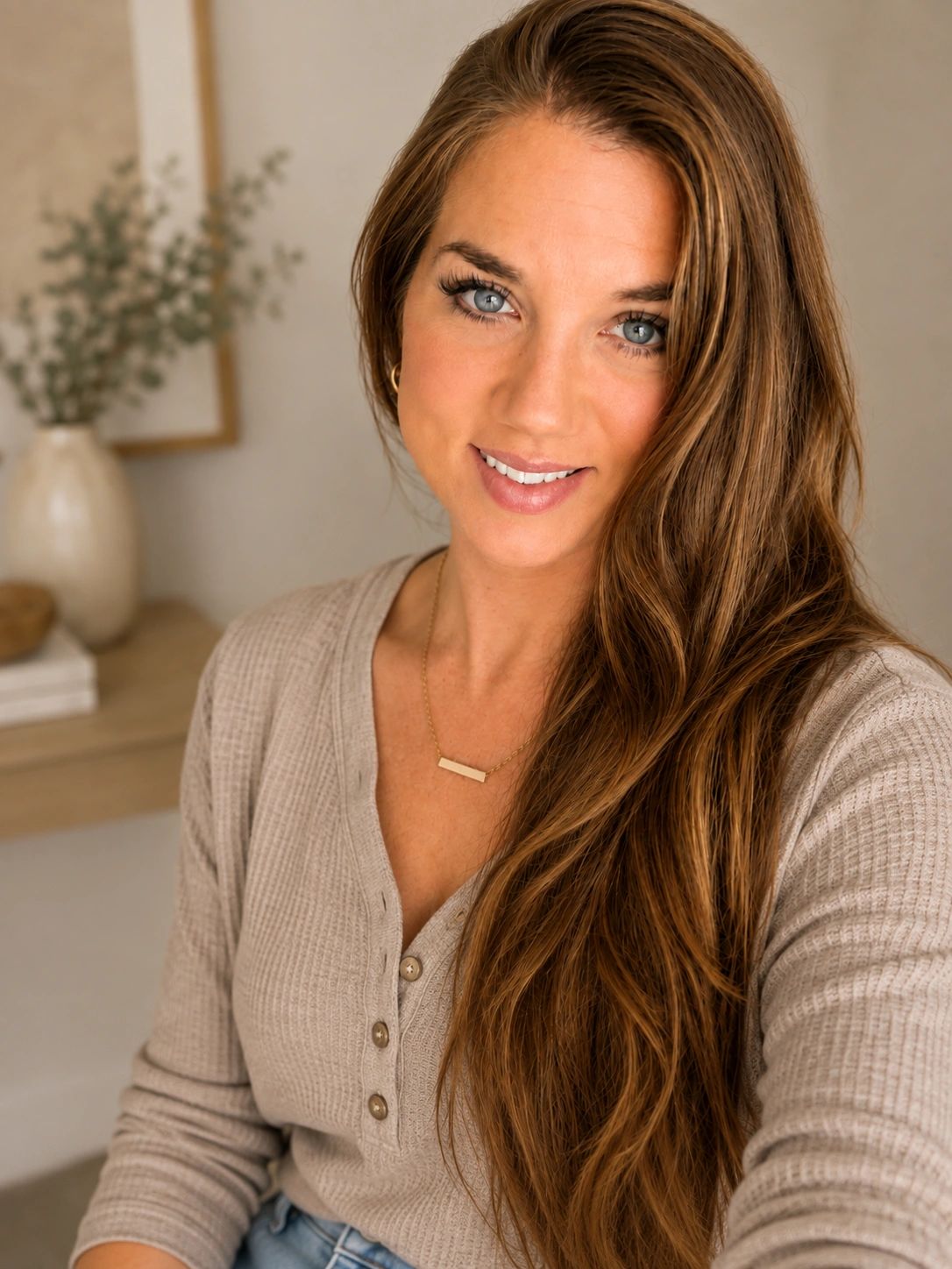Smiling woman with long hair in cozy beige sweater.