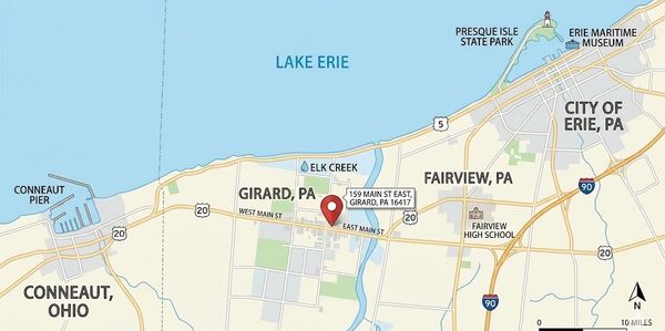 Map showing Girard, PA near Lake Erie with key locations and routes.