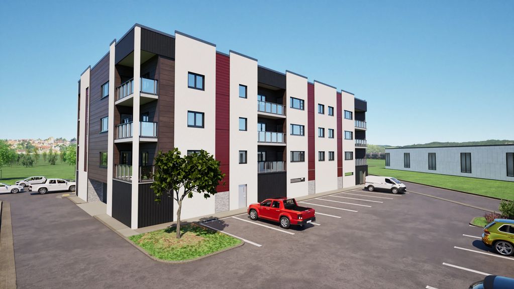 Modern three-story apartment building with parking lot and vehicles under clear blue sky.