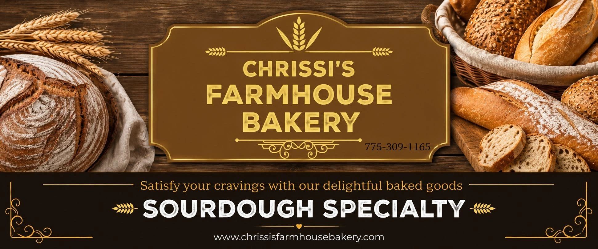 Sign for Chrissi's Farmhouse Bakery with sourdough specialty.