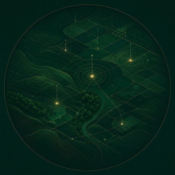 A futuristic topographic map with glowing connection points on a dark green background.
