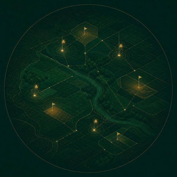 Futuristic digital map highlighting flagged zones in a green landscape.