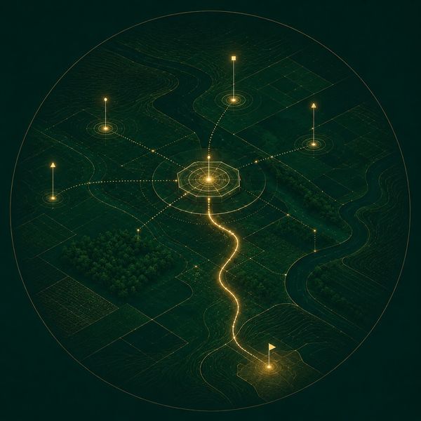 Futuristic digital network map showing interconnected nodes with glowing pathways.