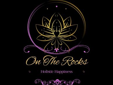 Elegant logo with a lotus flower and the text 'On The Rocks Holistic Happiness'.
