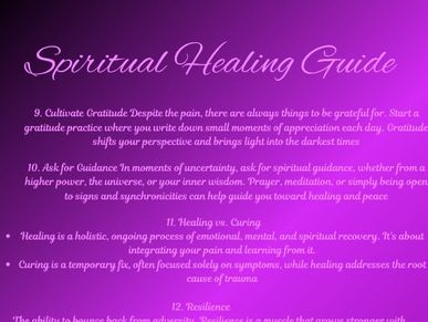A purple-themed Spiritual Healing Guide with tips for gratitude, guidance, healing, and resilience.